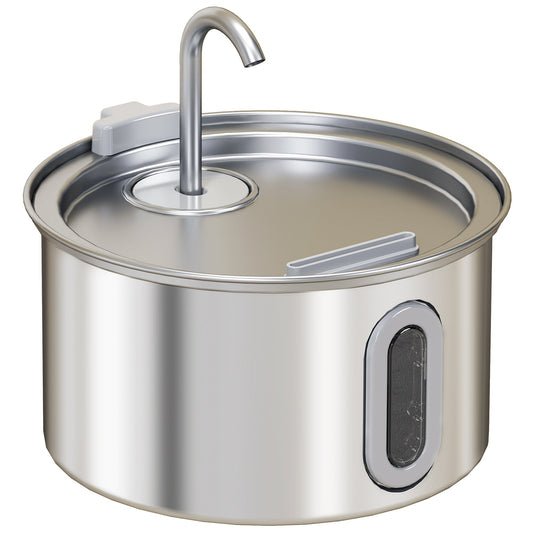 PawHut 2.5L Stainless Steel Cat Water Fountain for Drinking with Ultra-Silent Pump, Water-Level Window, 7 Filters