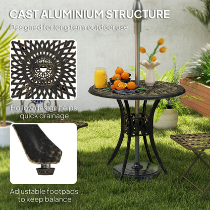 Outsunny 78 cm Round Garden Dining Table with Parasol Hole Antique Cast Aluminium Outdoor Table Only, Bronze Tone