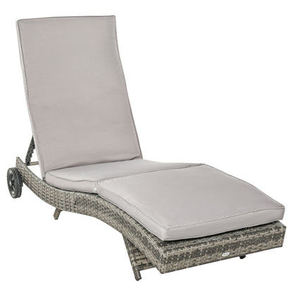 Outsunny Patio Wicker Chaise Lounge Chair, Outdoor PE Rattan Sun Lounger with Adjustable Backrest and 2 Wheels, Grey