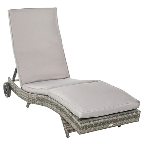 Outsunny Patio Wicker Chaise Lounge Chair, Outdoor PE Rattan Sun Lounger with Adjustable Backrest and 2 Wheels, Grey