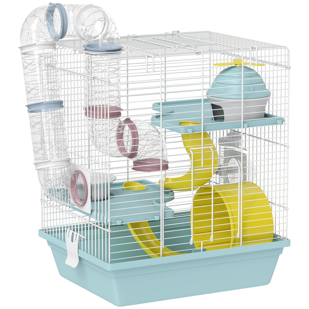 PawHut 3-Level Hamster Cage with Exercise Wheel, Water Bottle, Food Bowl, for Dwarf Hamsters, 34.5 x 27.5 x 41 cm, Blue