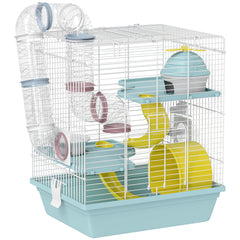 PawHut 3-Level Hamster Cage with Exercise Wheel, Water Bottle, Food Bowl, for Dwarf Hamsters, 34.5 x 27.5 x 41 cm, Blue
