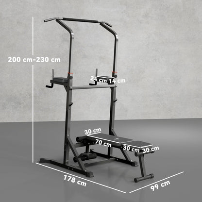 HOMCOM Pull Up Station with Adjustable Weight Bench, Dip Station and Barbell Rack, Multi-Function Power Tower Free Standing Pull Up Bar for Home Gym