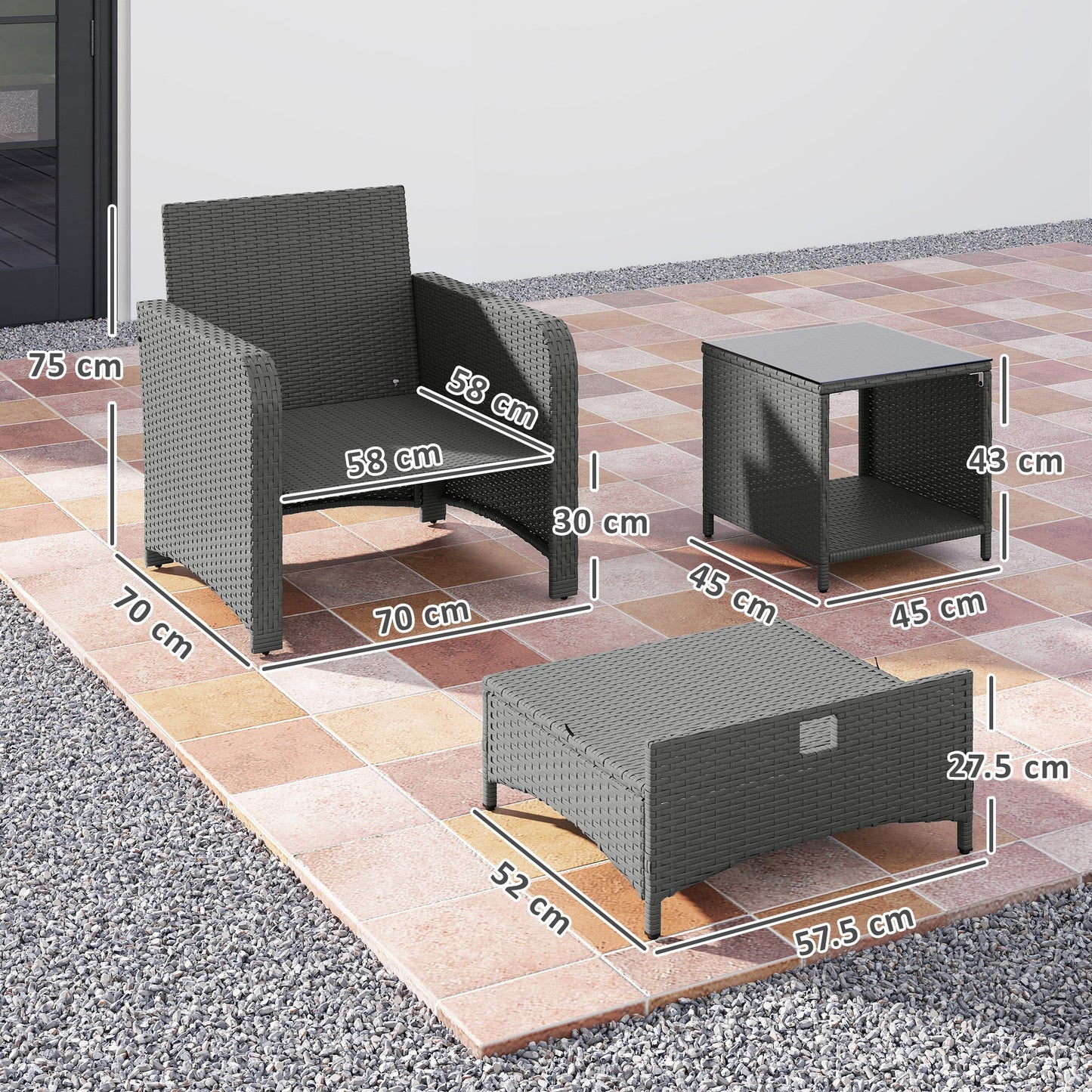 Outsunny Five Piece Rattan Garden Furniture Set with 2-Tier Coffee Table and Ottomans - Grey