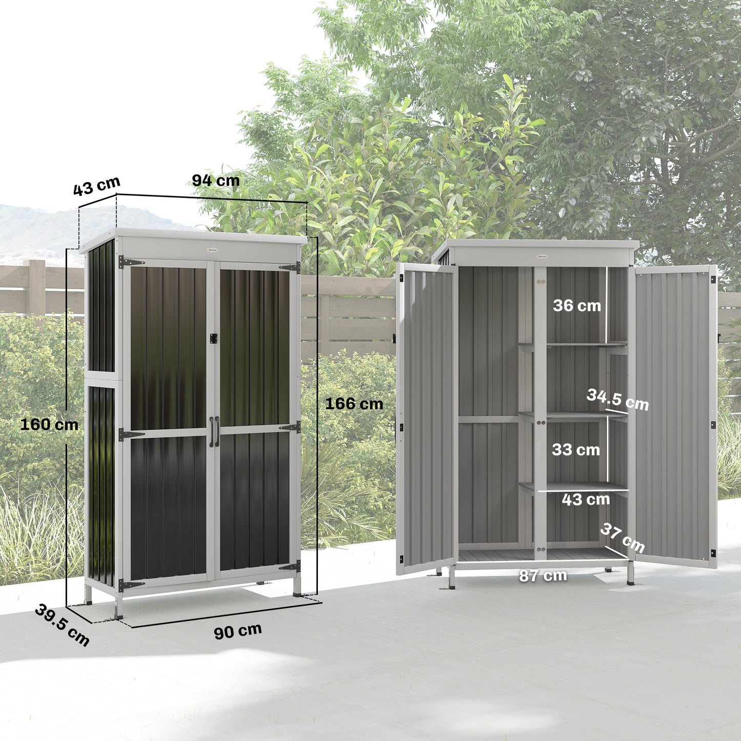 Outsunny Outdoor Storage Cabinet with Removable Shelves, Garden Tool Shed with Asphalt Roof, White and Black