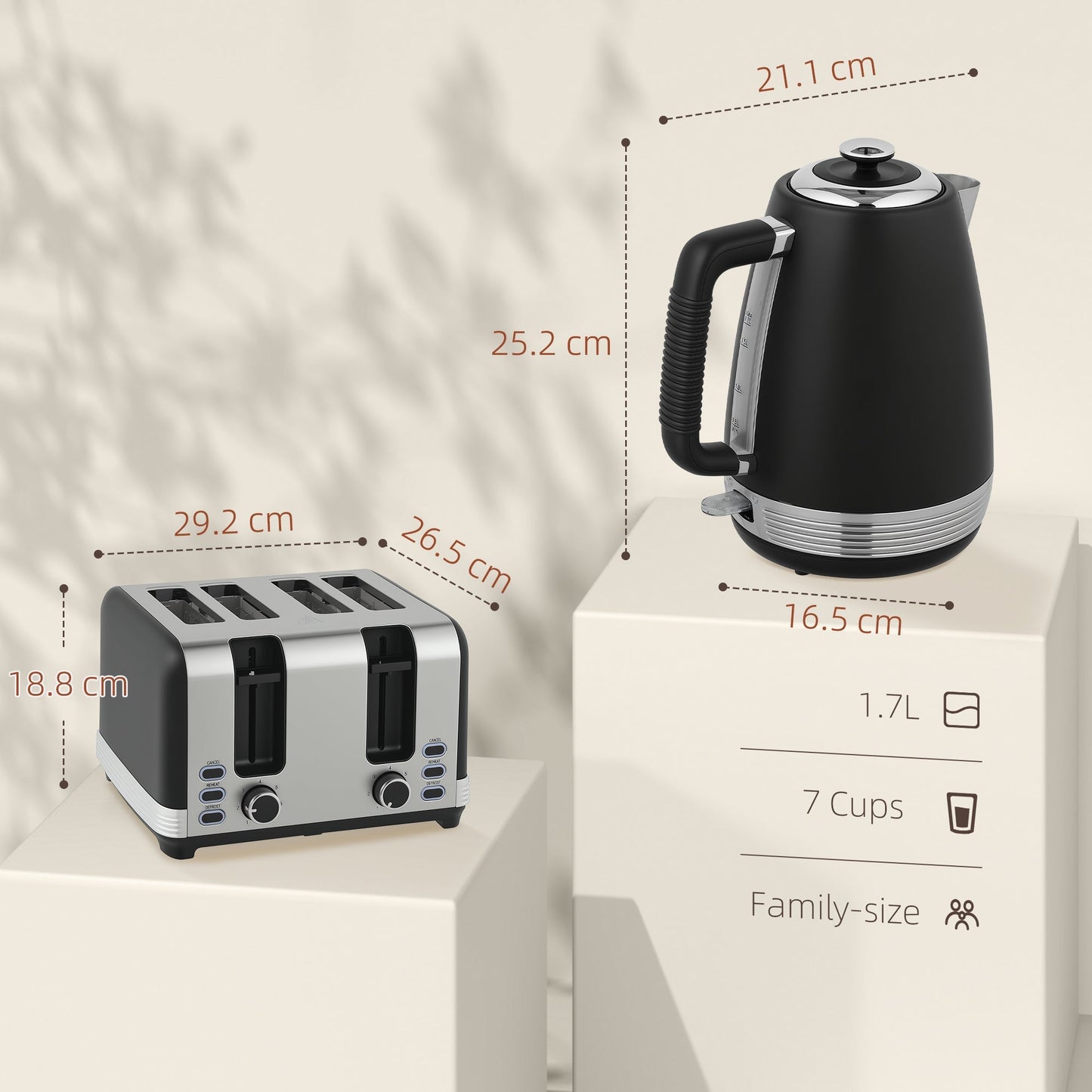 HOMCOM Stainless Steel Kettle and Toaster Set, 1.7L 3000W Rapid Boil Jug Kettle with UK Strix Thermostat, Limescale Filter, 4 Slice Toaster with 7 Browning Controls, Crumb Tray, Black and Silver Tone