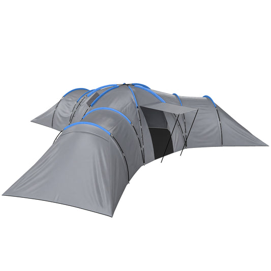 Outsunny 6-9 Man Large Tunnel Tent with 3 Bedrooms, Living Area and Porch, Stand-up Camping Tent, Portable with Bag, Light Grey