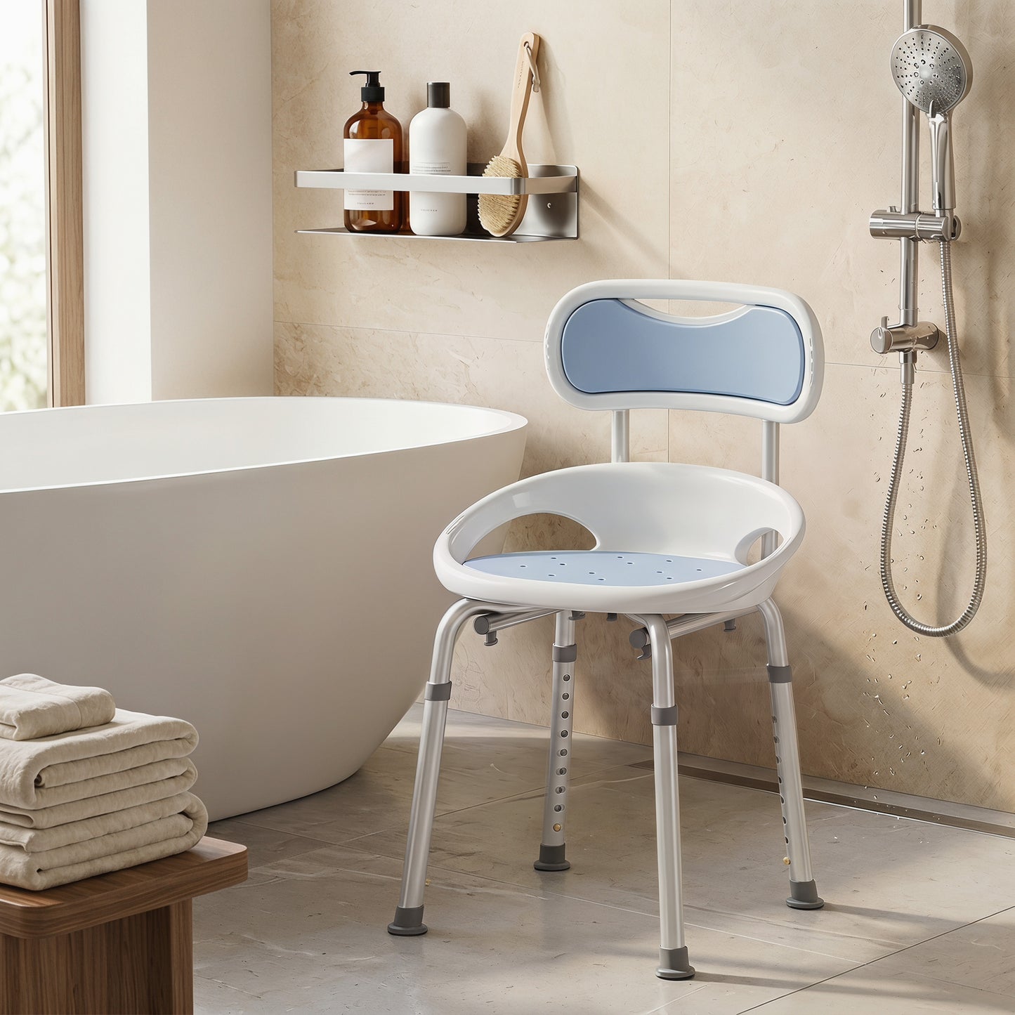 HOMCOM Shower Chair with Padded Seat Adjustable Height Shower Stool Bath Seat with Back and Anti-Slip Feet