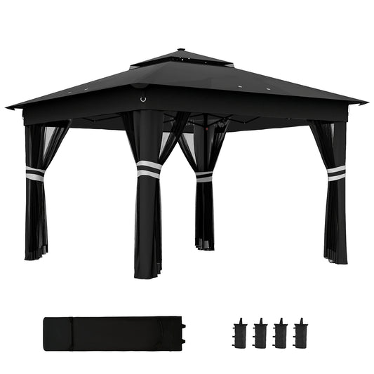 Outsunny 3.36 x 3.36m Pop Up Gazebo Party Tent with Solar-Powered LED Lights, Adjustable Event Shelter with Netting, Black