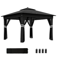 Outsunny 3.36 x 3.36m Pop Up Gazebo Party Tent with Solar-Powered LED Lights, Adjustable Event Shelter with Netting, Black
