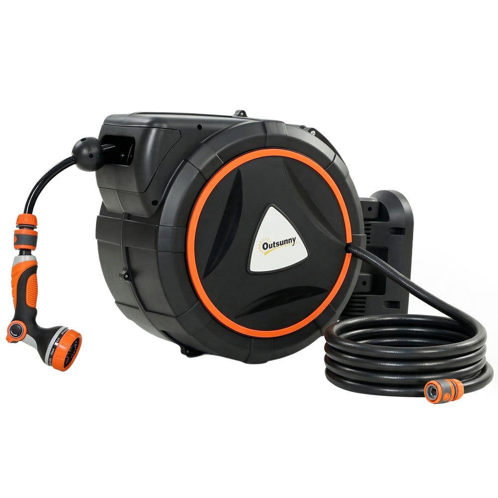 Outsunny 23+2m Retractable Hose Reel Wall Mounted with Auto Retraction, Self-Locking, Slow Return System, 12-Pattern Nozzles
