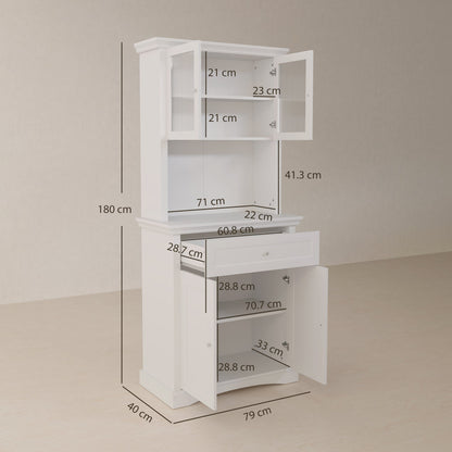 HOMCOM 4-Door Kitchen Cupboard with Drawer, Freestanding Kitchen Cabinet with Glass Doors, Adjustable Shelves and Open Counter, White