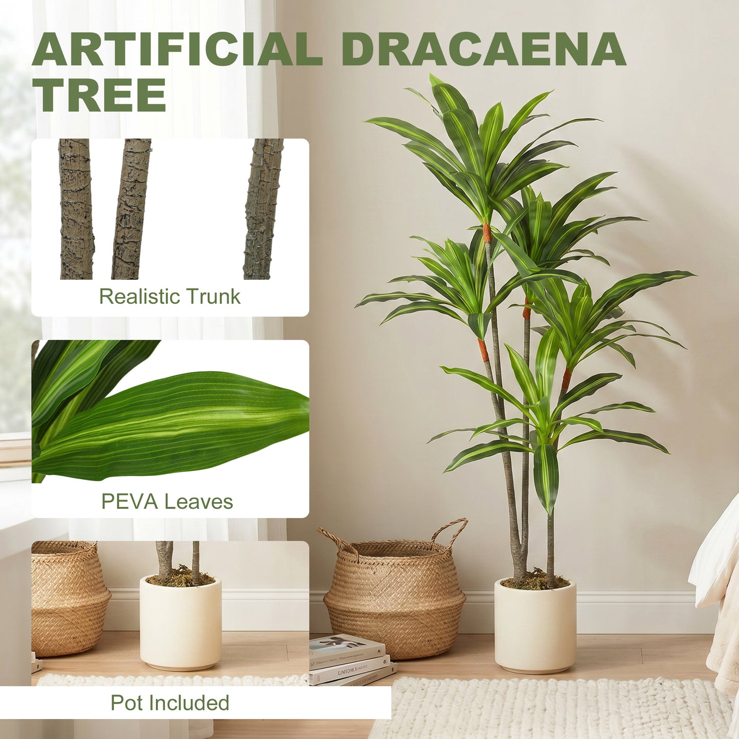 HOMCOM 150cm Lifelike Fake Tree, Artificial Dracaena Tree with Bendable Trunks, Green