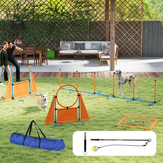 PawHut Seven-Piece Dog Agility Equipment Set with Weave Poles, Jump Ring, Hurdle, Pause Box, Carry Bag, Orange