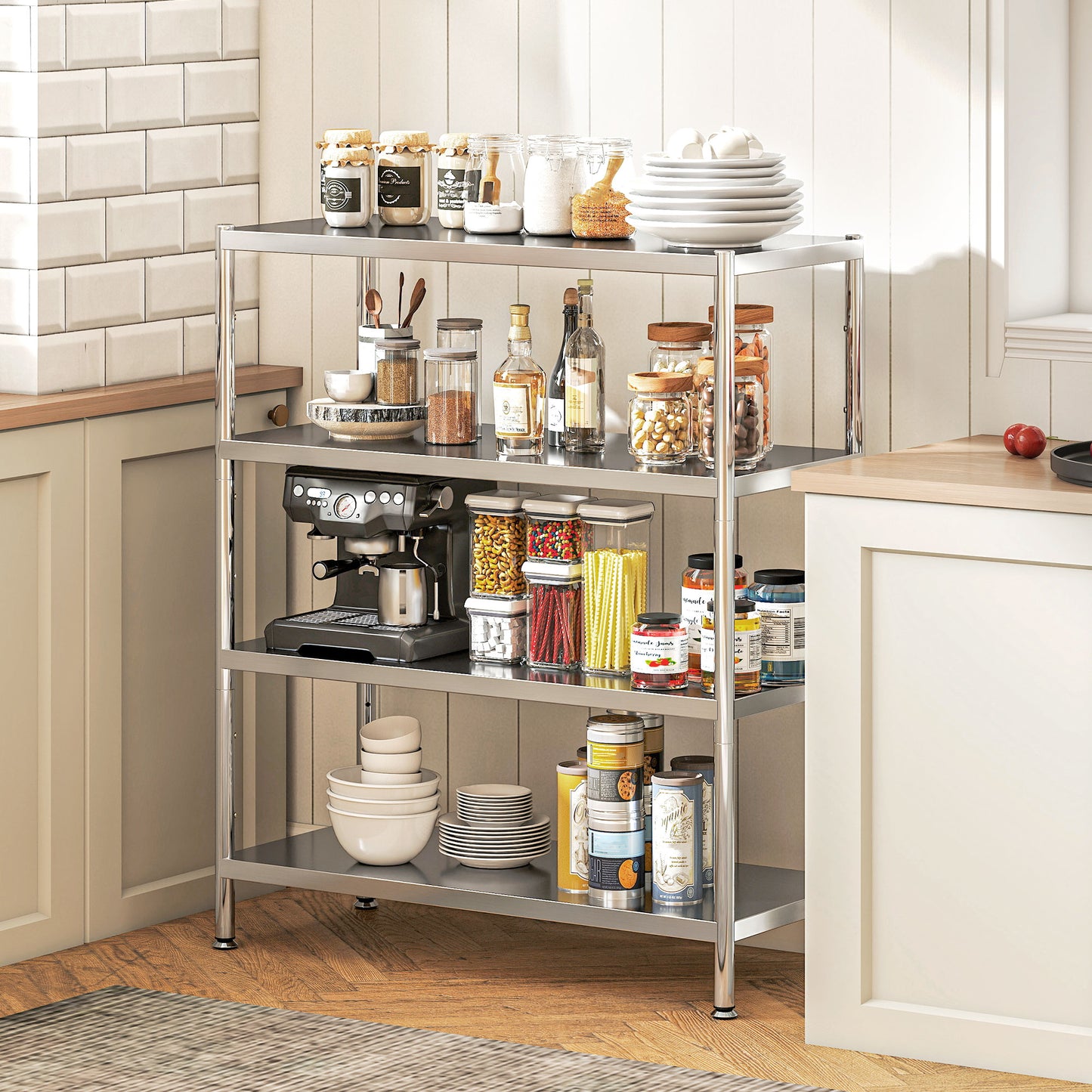 HOMCOM 4-Tier Bakers Rack with Storage, Stainless Steel Microwave Stand with Adjustable Shelves for Small Spaces, Kitchen Storage Unit for Spices, Pots and Pans, Silver Tone