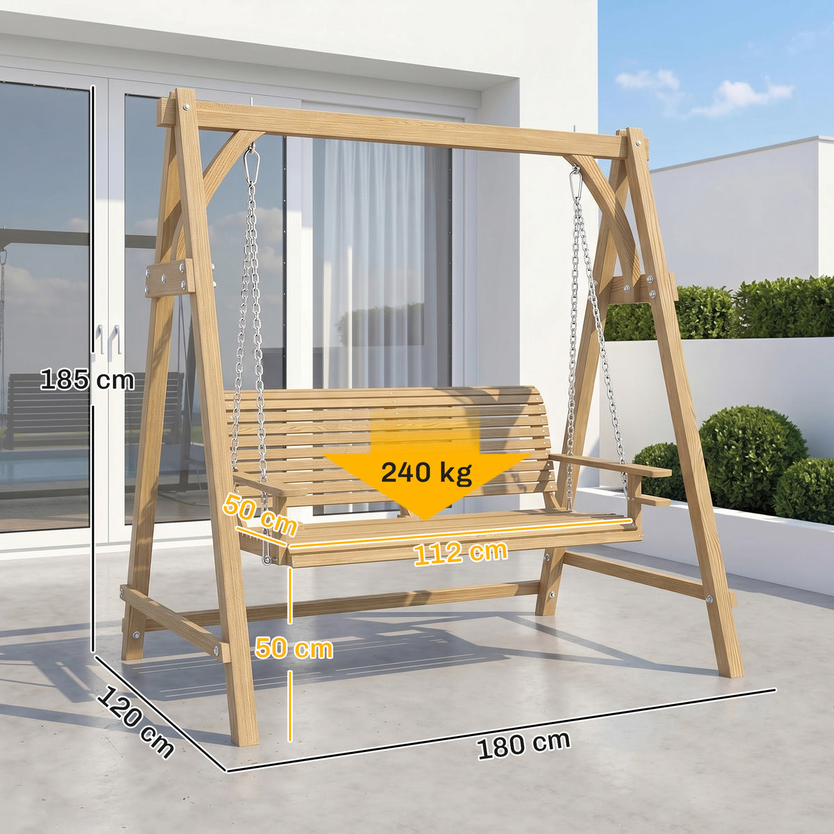 Outsunny 2 Seater Garden Swing Seat, Wooden Swing Chair Bench with Cup Holders for Outdoor Porch Patio, Natural