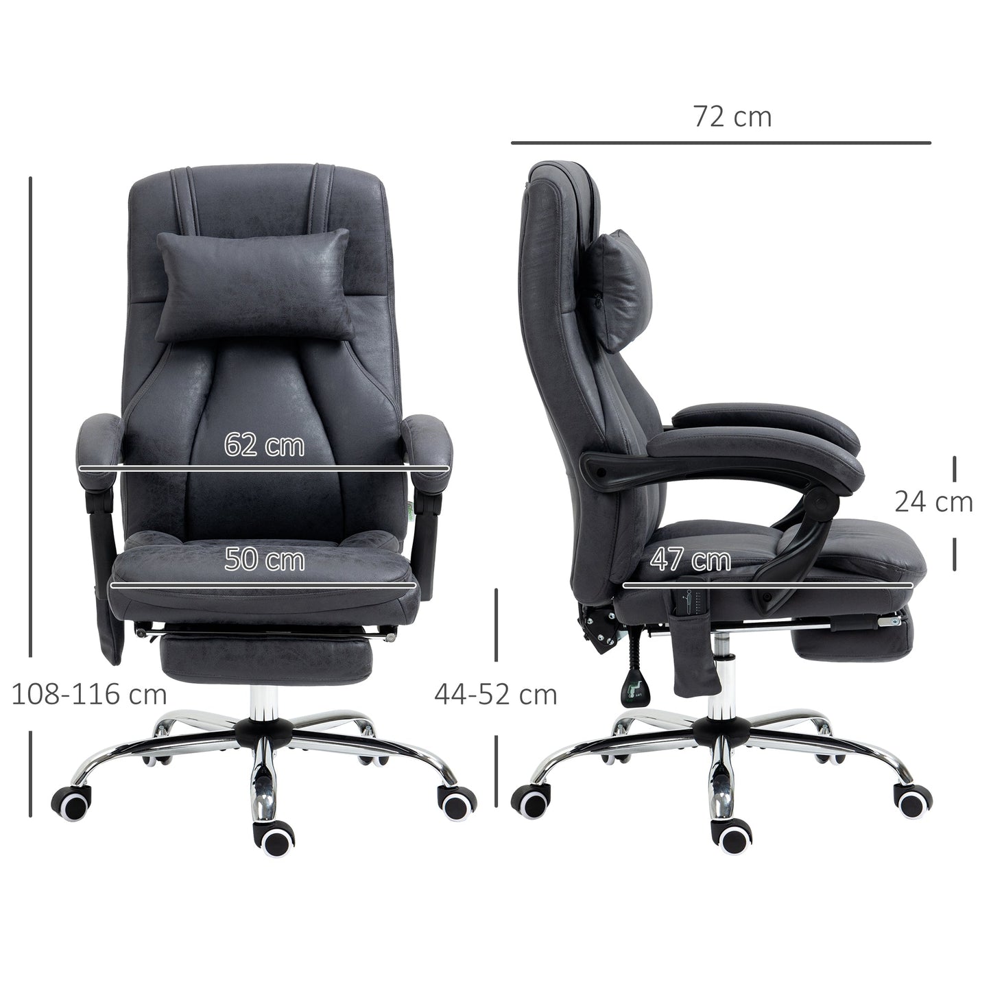 Vinsetto Office Chair with Lumbar Massage, 135¡ Reclining Computer Chair with Adjustable Headrest, Retractable Footrest, 10cm Double Padded Seat, Microfiber Fabric, Metal Base, Dark Grey