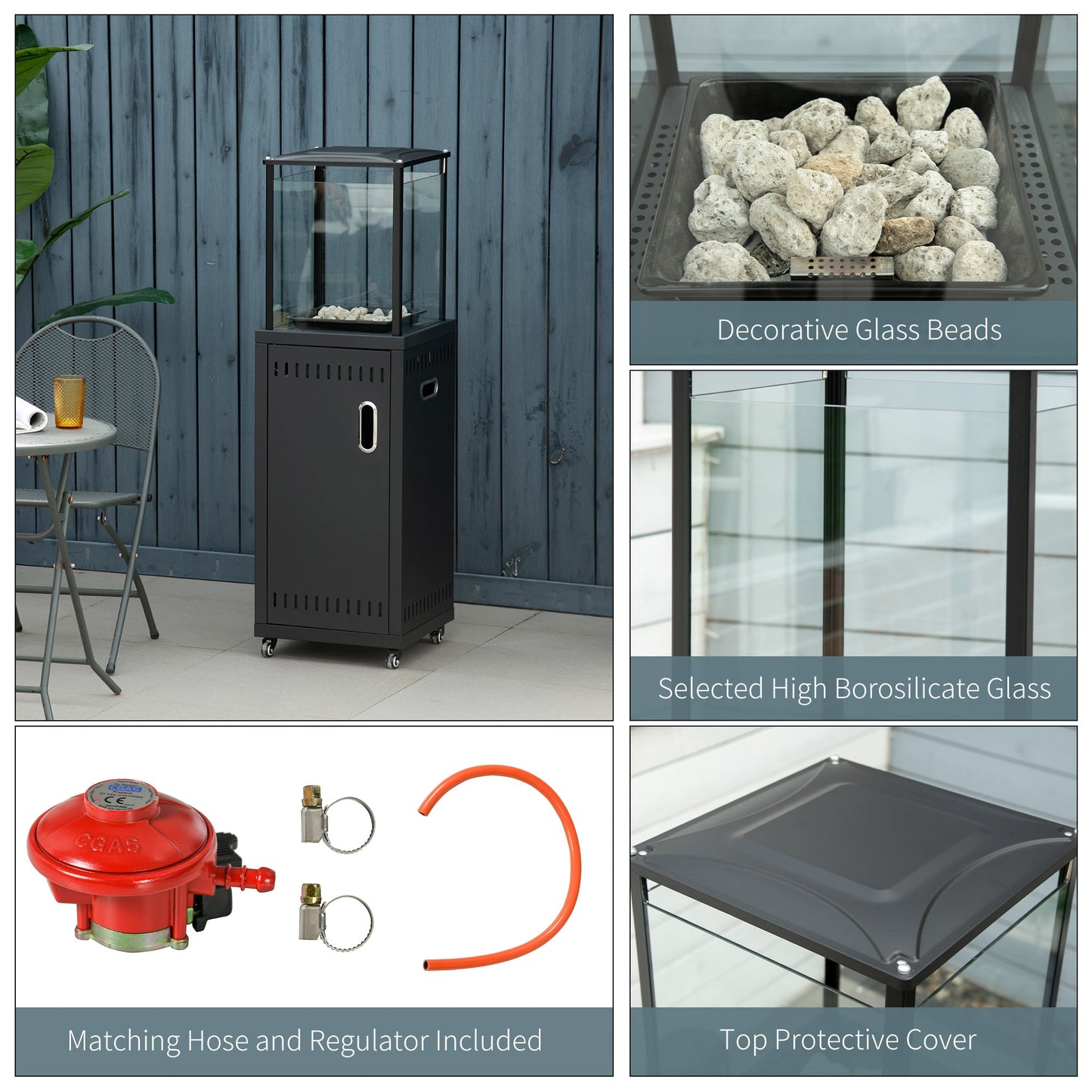 Outsunny 9KW Gas Patio Heater with Lava Rocks, Freestanding Outdoor Heater Real Flame Propane Heater with Wheels, Dust Cover, Regulator and Hose, Black