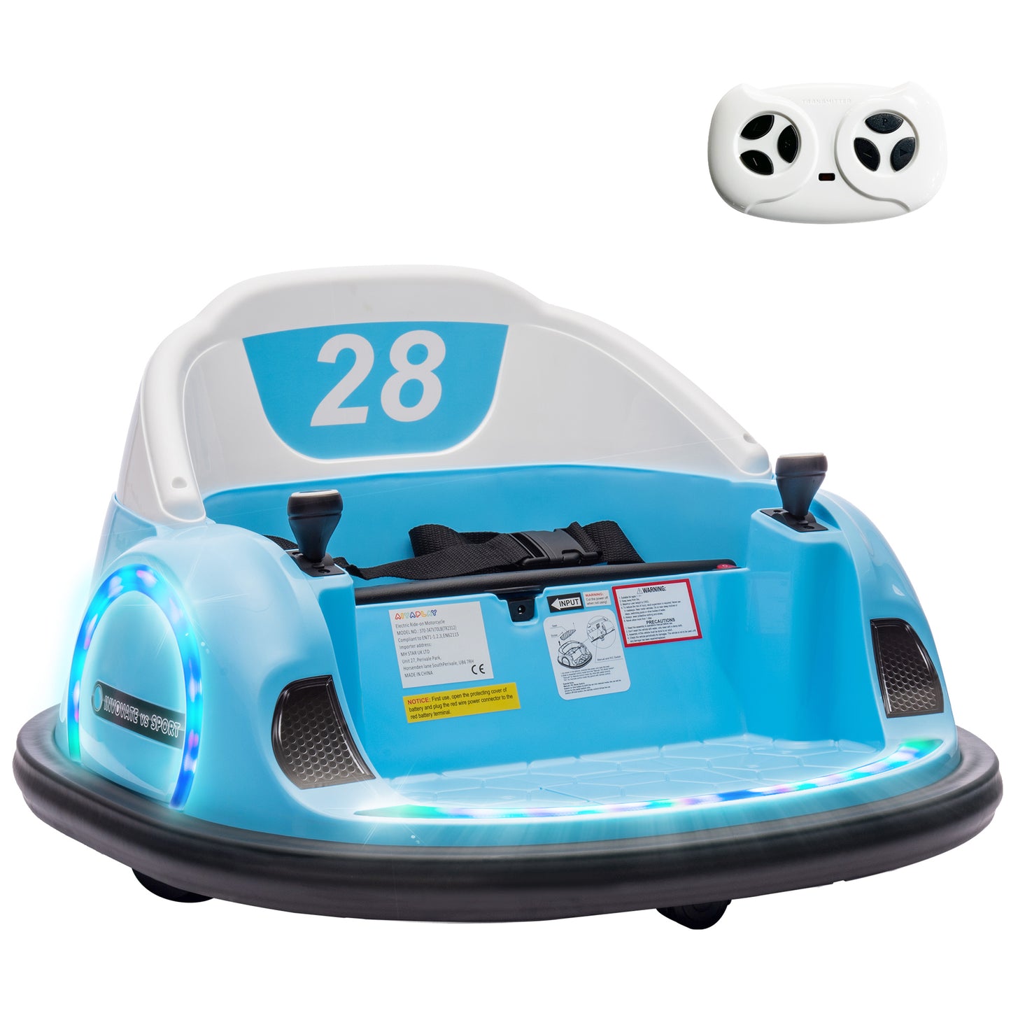 AIYAPLAY 360Â° Rotation Kids Bumper Car, 12V Waltz Car with Remote Control, Dual Joystick, Music, Lights, Light Blue