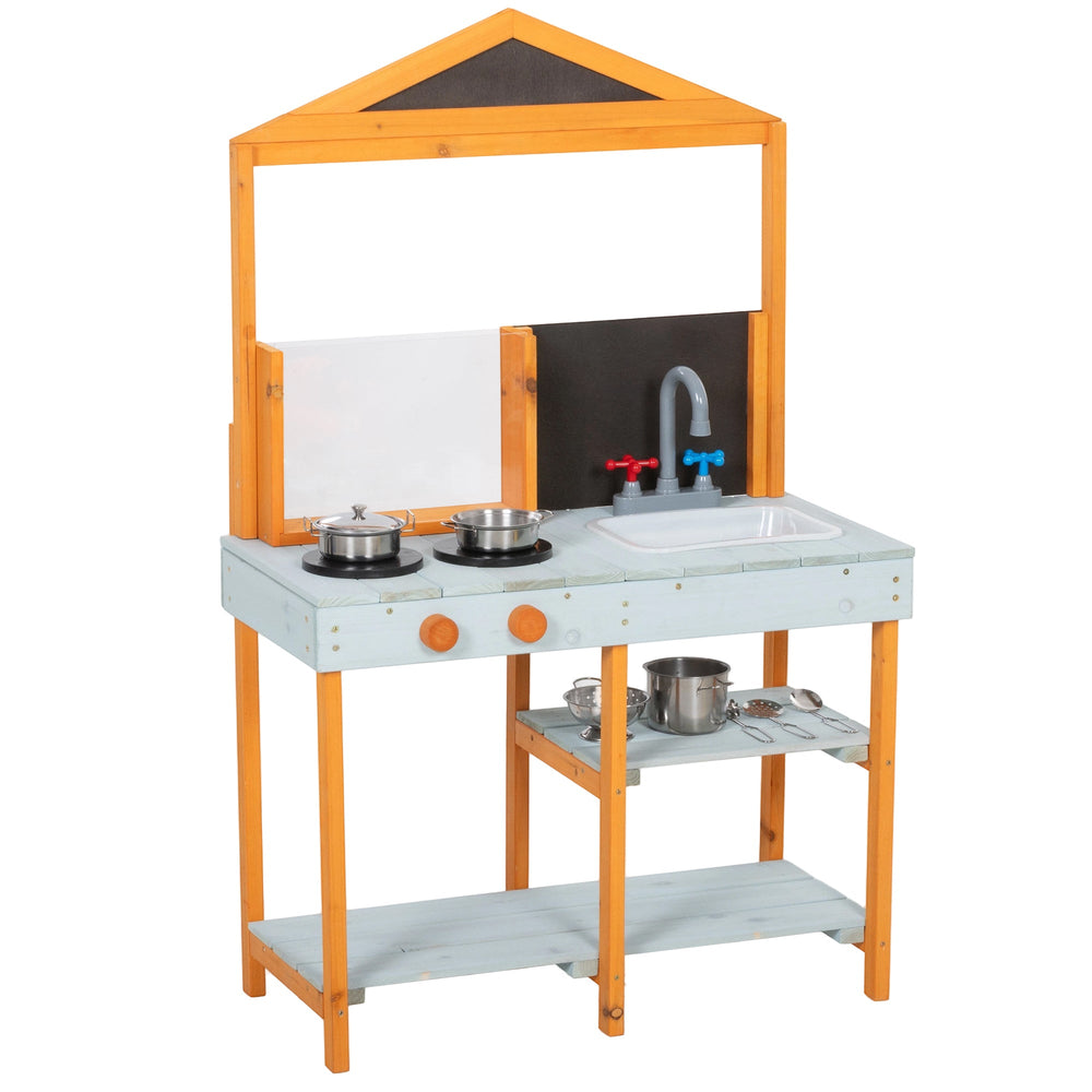 AIYAPLAY Mud Kitchen for Kids, Outdoor Wooden Play Kitchen with Sink, Stove, Cookware, Shelves, Pretend Play Toy for Ages 3-8