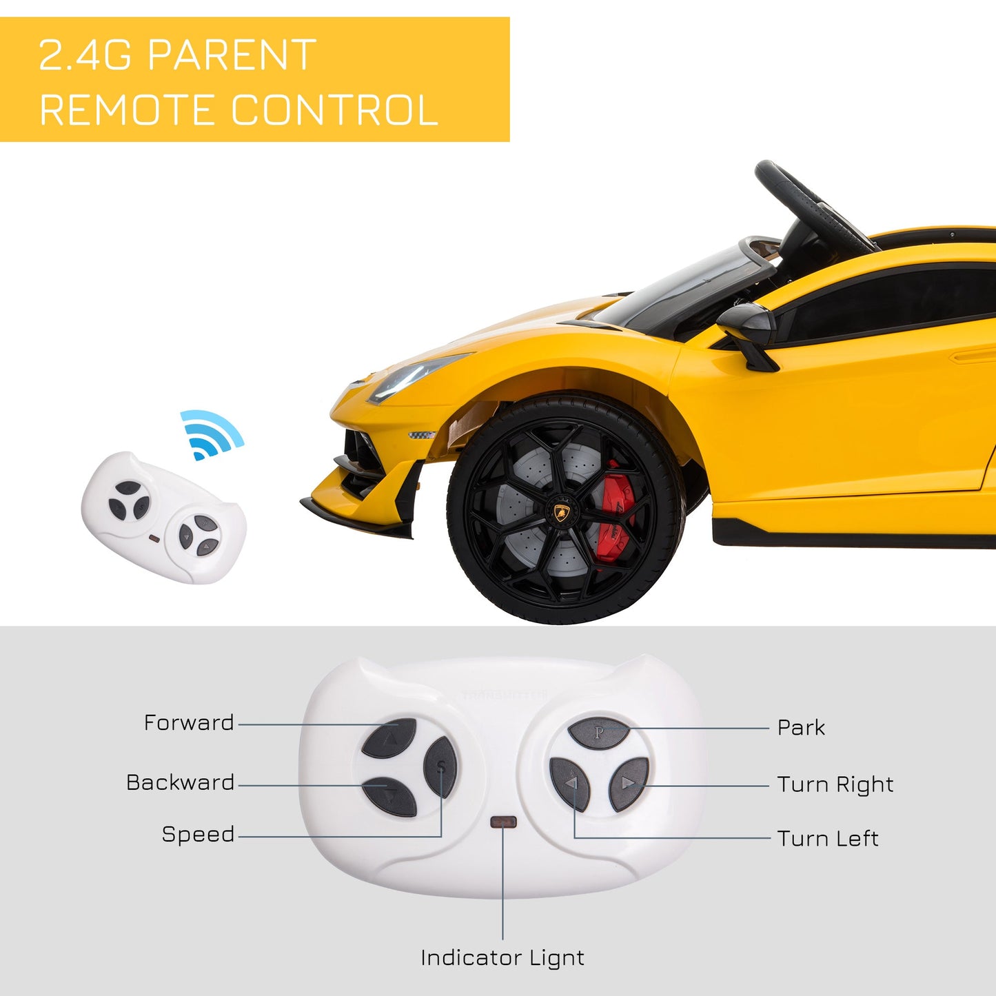 12V Battery-powered Kids Electric Ride On Car Lamborghini Aventador Sports Racing Car Toy with Parental Remote Control Lights Yellow