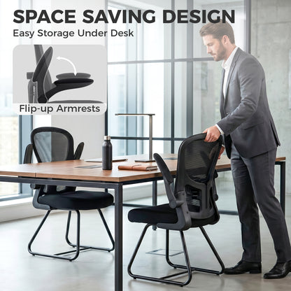 HOMCOM Reception Chair, Conference Meeting Office Chair with Flip-up Armrest, Mesh Backrest, Lumbar Support and Metal Base