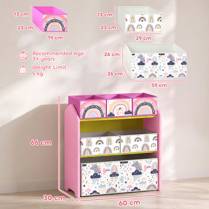 AIYAPLAY Toy Storage Organiser, 3-Tier Wooden Kids Toy Storage Rack with 6 Fabric Storage Bins for Bedroom, Kids Room, Pink