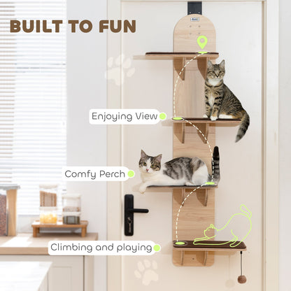 PawHut 4-Level Door Mounted Cat Tree with Washable Plush Mats, Toy Balls, Door Hanging Cat Shelf for Indoor Cats