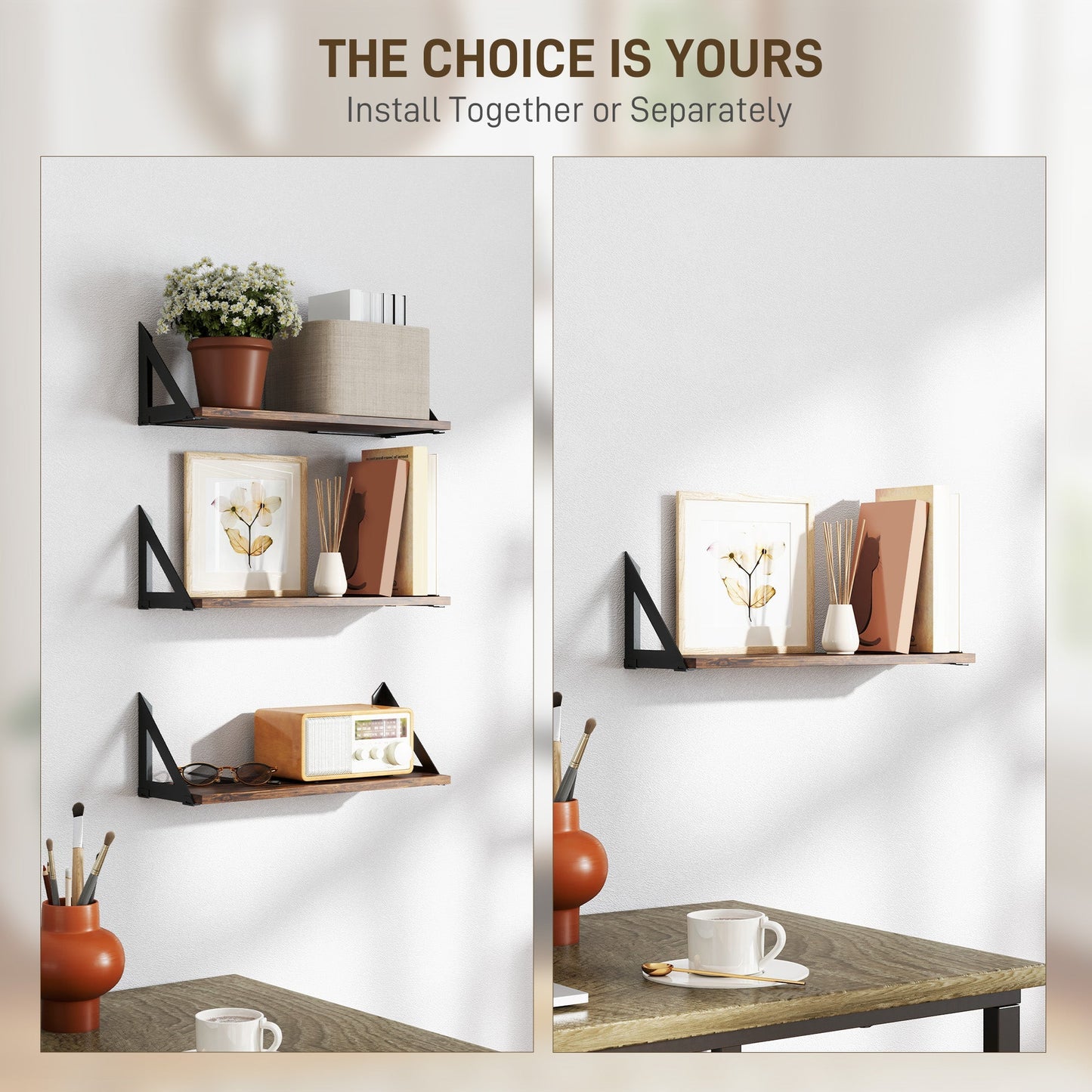 HOMCOM Set of 3 Wall Shelves, 43cm Vintage Wall Mounted Floating Shelves for Living Room, Entryway, Bedroom, Rustic Brown