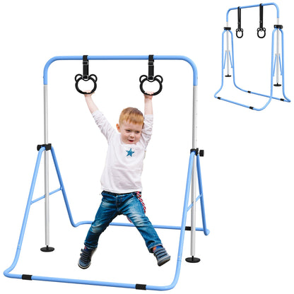 HOMCOM Adjustable Height, Foldable Kids Gymnastics Bar w/ Non-slip Rubber Floor Rings, for 3+ Years, Blue