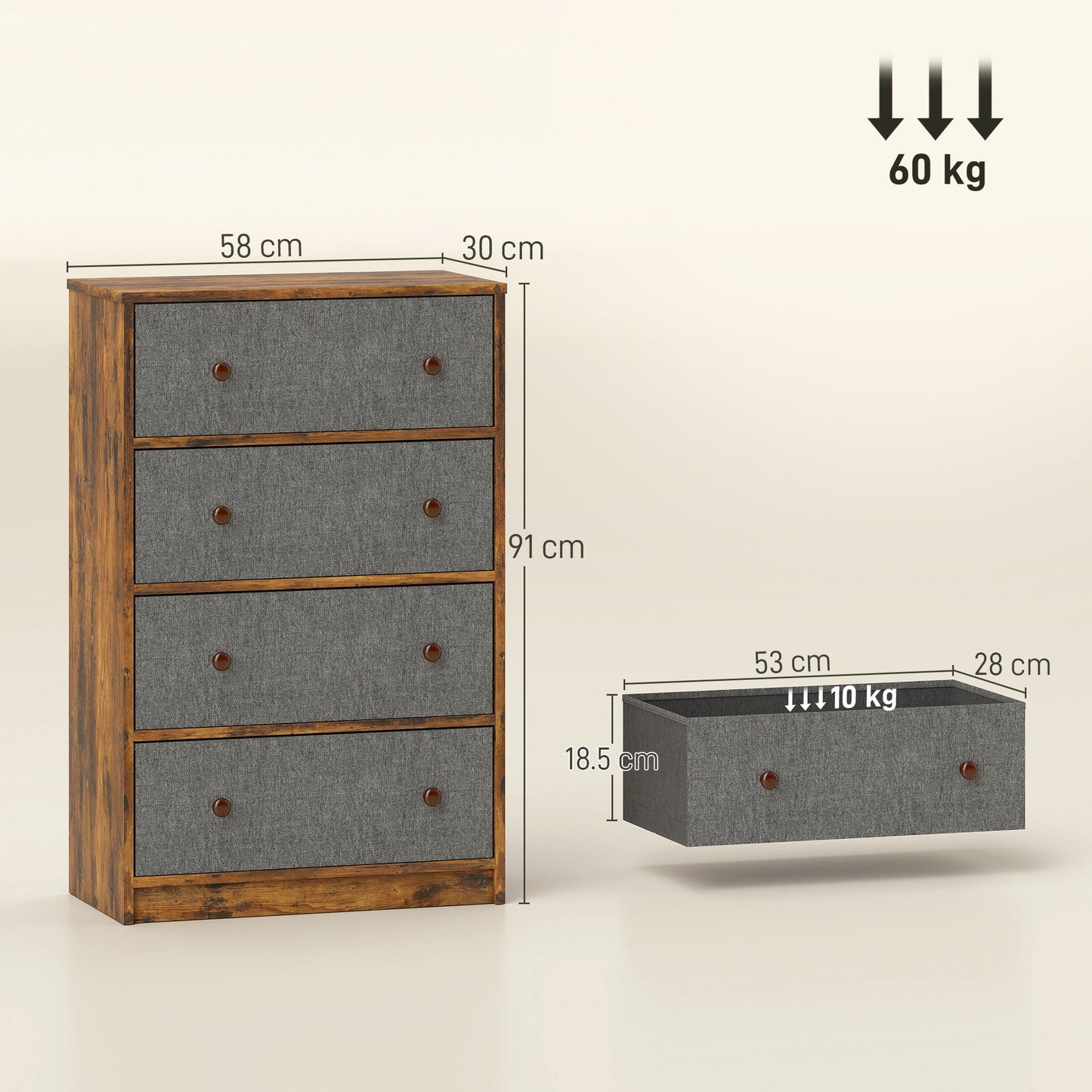 HOMCOM Chest of Drawers, Dresser with 4 Fabric Drawers - Grey and Rustic Brown