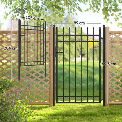 Outsunny Galvanised Steel Garden Gate, Outdoor Fence Gate Security Barrier with Lock, Keys and Handle, Outdoor Entrance Way Door with Classic Finials, 105 x 204 cm, Black