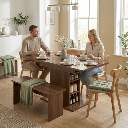 HOMCOM Extendable Dining Table for 4-6 People, 110-130cm Kitchen Table with 6 Open Shelves, Walnut Brown