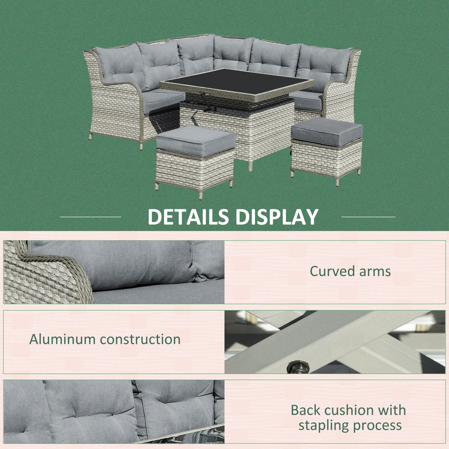 Outsunny 6 Pieces Patio PE Rattan Dining Sofa Set, Outdoor Wicker Sectional Conversation Aluminum Frame Furniture Set w/ Thick Padded Cushion & Liftable Coffee Table, Grey