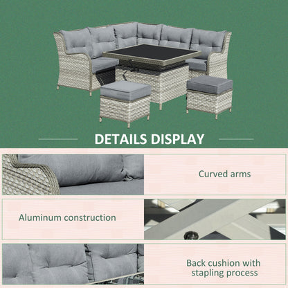 Outsunny 6 Pieces Patio PE Rattan Dining Sofa Set, Outdoor Wicker Sectional Conversation Aluminum Frame Furniture Set w/ Thick Padded Cushion & Liftable Coffee Table, Grey