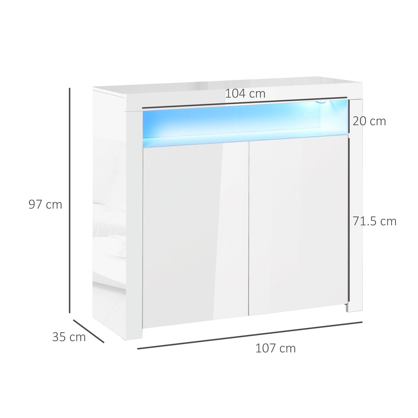 HOMCOM 2-Door Sideboard with LED Light, High Gloss Lighted Storage Cabinet with Shelves and Open Compartment, Modern Kitchen Sideboard for Dining Room, Living Room, 107 x 35 x 97cm, White