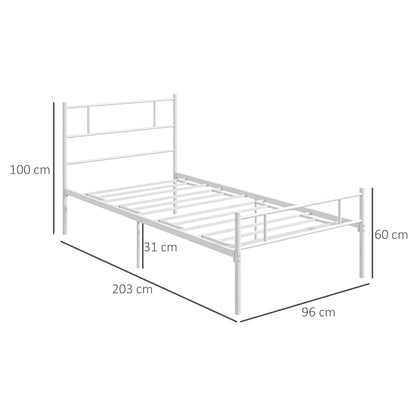 HOMCOM Single Bed Frame, Metal Bed Base with Headboard and Footboard, Metal Slat Support and 31cm Underbed Storage Space