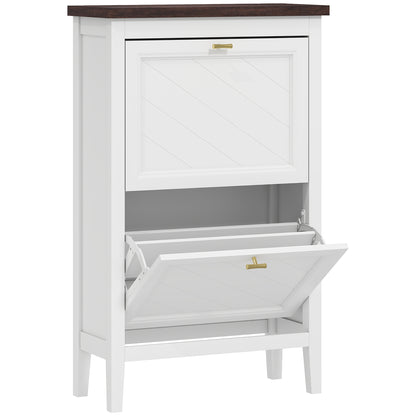 HOMCOM Shoe Cabinet with 2 Flip Drawers, Farmhouse Narrow Shoe Storage Cabinet with Adjustable Shelves, White
