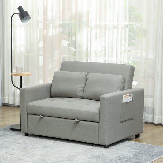 HOMCOM Loveseat Sofa Bed, Convertible Bed Settee with 2 Pillows, Side Pockets, Light Grey