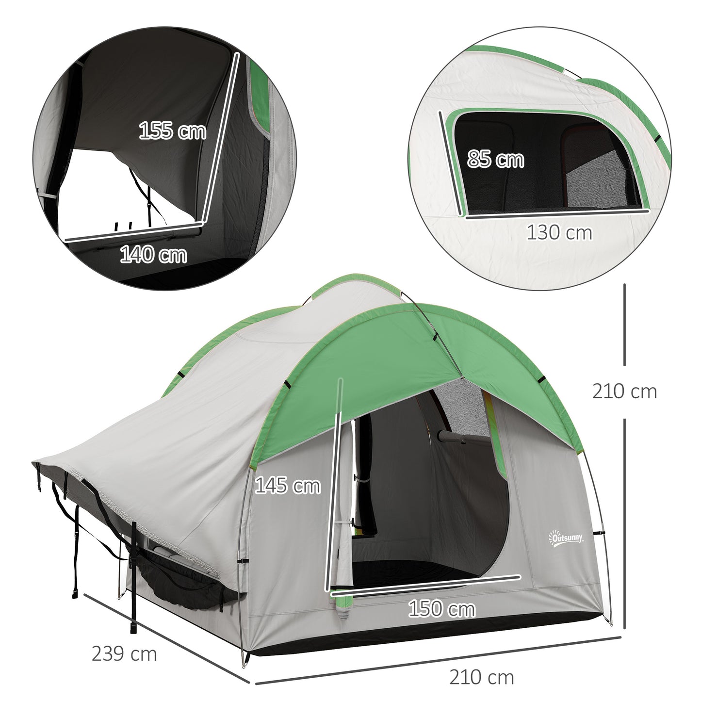 Outsunny SUV Car Tent for Camping, Waterproof PU2000mm, 5 Man Tailgate Tent, 2.4 x 2.1 m, Grey and Green