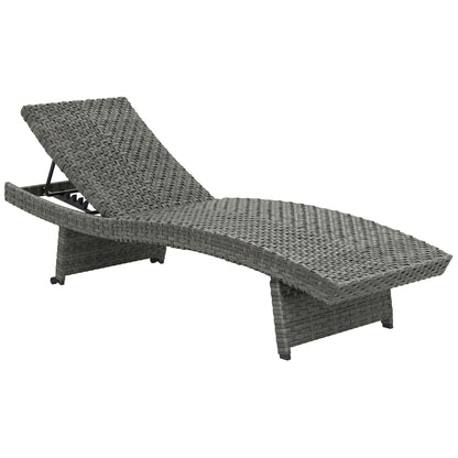 Outsunny Outdoor PE Rattan Sun Lounger, Folding Wicker Garden Lounger Recliner with 4-Level Adjustable Backrest, Rolling Sunbed Lounge Chair with Wheels, Non-Slip Legs for Balcony, Beach, Mixed-grey