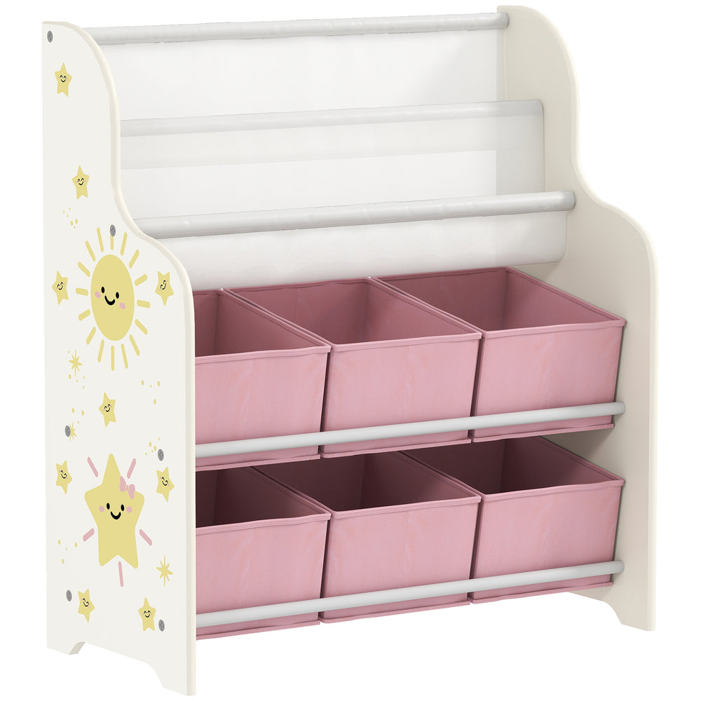 AIYAPLAY Kids Storage Unit, Toy Organiser with 6 Fabric Drawers and 2-Tier Sling Book Rack for Bedroom, Playroom, Nursery, Pink