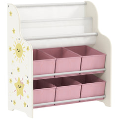 AIYAPLAY Kids Storage Unit, Toy Organiser with 6 Fabric Drawers and 2-Tier Sling Book Rack for Bedroom, Playroom, Nursery, Pink