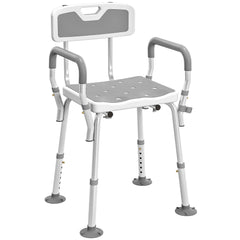 HOMCOM EVA Padded Shower Chair for the Elderly and Disabled, Height Adjustable Shower Stool with Back and Arms, 4 Suction Foot Pads, Light Grey