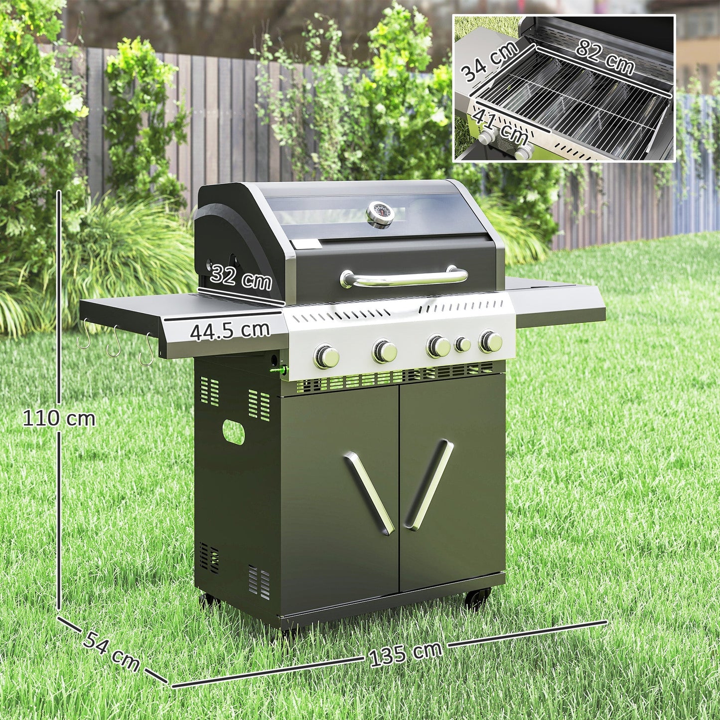 Outsunny 4+1 Burner Gas BBQ Grill with Clear View Lid, Portable Gas Barbecue Grill with Built-in Thermometer, Side Table, Cabinet, Wheels, Grease Tray for Garden Party Outdoor Cooking, Black
