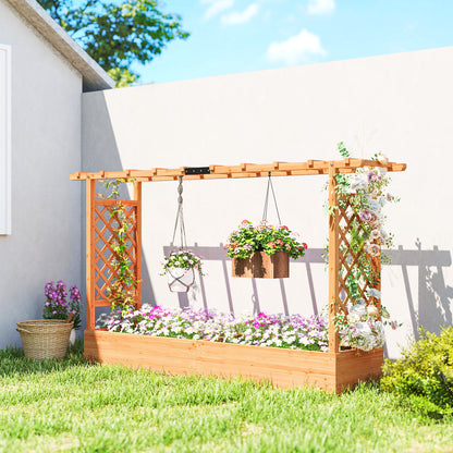 Outsunny Raised Planter with Trellis, Wooden Raised Bed for Garden with Hanging Roof and Drainage Holes, Outdoor Planter Box