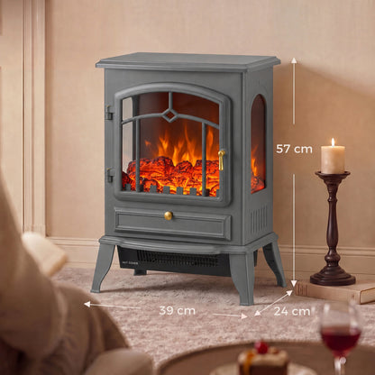 HOMCOM Electric Fireplace Stove, 1000/2000W 3-Sided Freestanding Fireplace Heater with 3D Flame Log, Thermostat, Grey