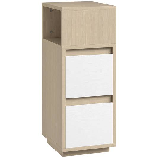HOMCOM Slim Bedside Table, Narrow Bedside Cabinet with Open Shelf and 2 Drawers for Bedroom, Living Room, Natural Wood Finish