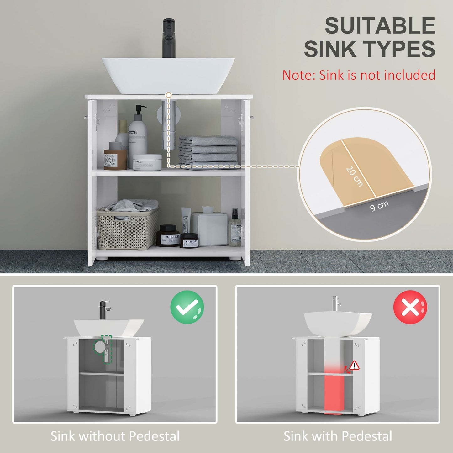 kleankin Under Sink Cabinet, Bathroom Vanity Unit, Pedestal Under Sink Design, Storage Cupboard with Adjustable Shelf, High Gloss, White