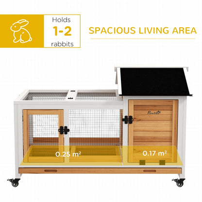 PawHut Wooden Rabbit Hutch, Guinea Pig Cage, with Removable Tray, Wheels - Yellow